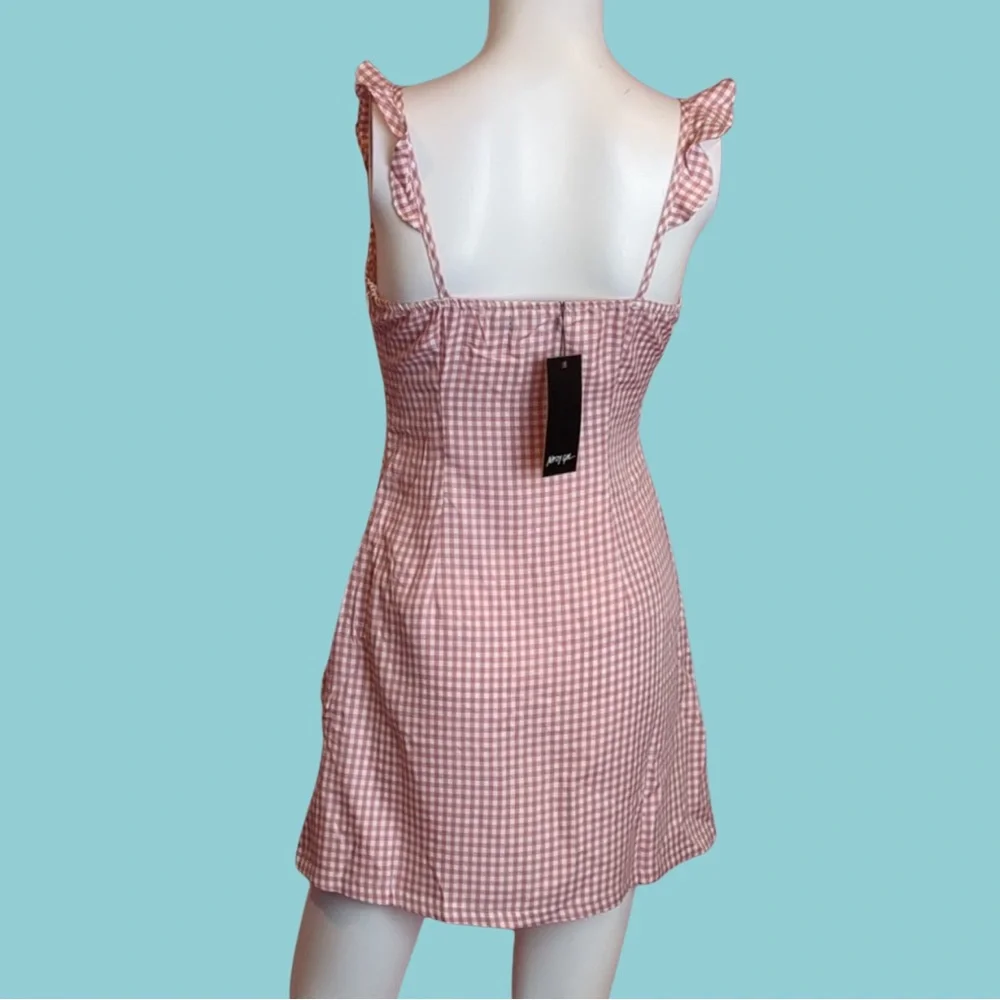 Nasty Gal Gingham Frill Neckline Barbie Core Mini Dress in Pink and White size 0 - Picture 2 of 4